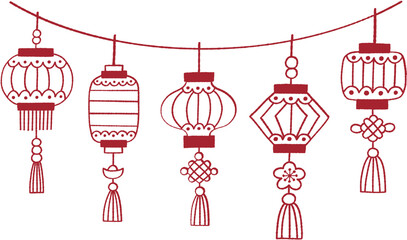 Chinese Lantern Border Vector Line Art Illustration