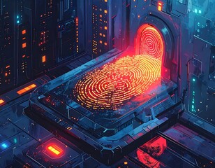 Futuristic digital scene of a glowing fingerprint emitting light in a high-tech environment