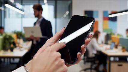 Hand holding a smartphone displaying a blank screen in a modern office setting showcasing technology and business communication concepts for digital marketing