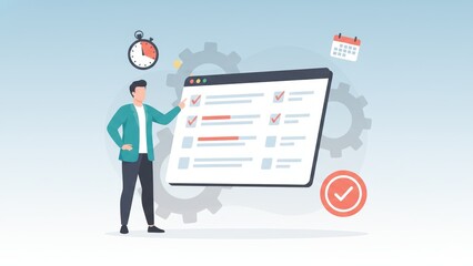 Flat vector professional guiding task board with icons showing planning system, meeting schedule, appointment booking