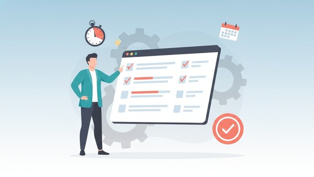 Flat vector professional guiding task board with icons showing planning system, meeting schedule, appointment booking
