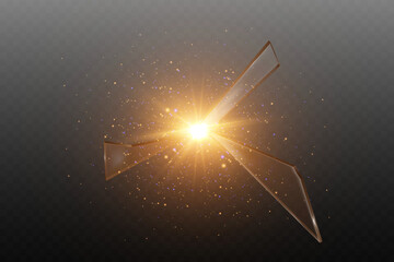 Explosion of glass shards with glowing lights and flashes.