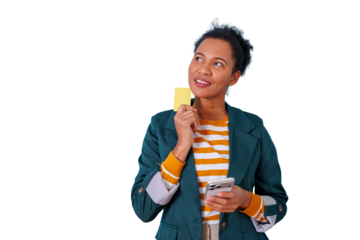 Happy woman planning her next purchase, using a credit card and phone for banking and secure online payment, transparent background