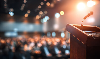 A podium with a microphone stands in front of a blurred audience in a large auditorium lit by bright stage lights