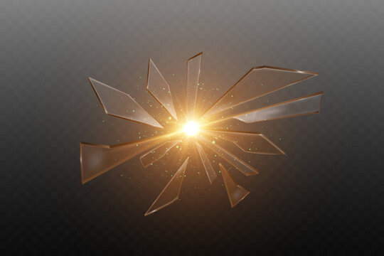 Explosion of glass shards with glowing lights and flashes.