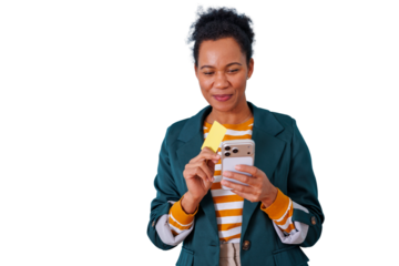 Black woman shopping online, holding smartphone and credit card for secure digital payment on transparent background
