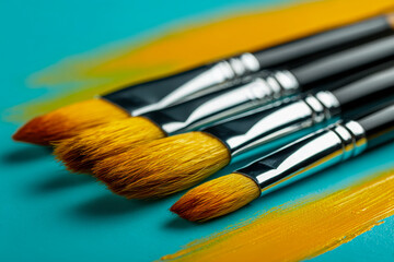 Fototapeta premium Set of professional paintbrushes with golden bristles laid on vibrant blue surface with yellow paint strokes for artistic creativity and design projects