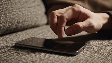 Hand Taps Smartphone Screen on Textured Couch - Modern Lifestyle Concept of Digital Connection and Relaxation at Home