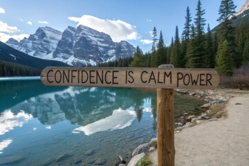 Wooden sign with confidence quote reflects in mountain lake