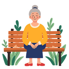Elderly woman sitting calmly on a park bench surrounded by plants  