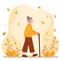Elderly woman walking with cane surrounded by autumn leaves  