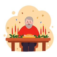 Elderly man sitting at a festive table with candles and food  