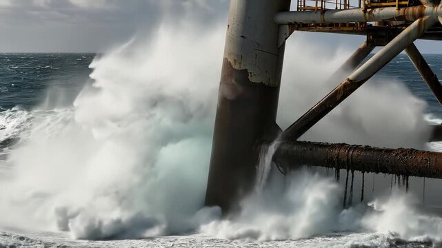 A Dramatic Coastal Scene Featuring Powerful Ocean Waves Crashing Against a Weathered Industrial Structure in a Stormy Atmosphere