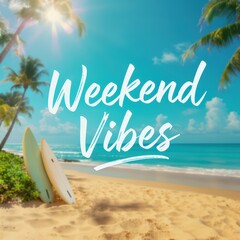 Sunlit Beach Scene with Palm Trees and Surfboards for Relaxation and Vacation Marketing