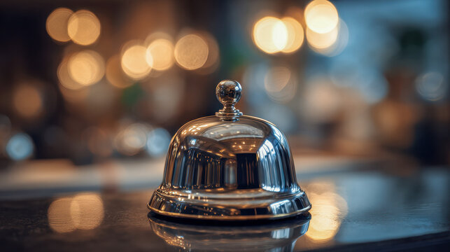 Shiny polished service bell sitting on a reflective dark countertop with warm blurred lights creating a cozy and inviting atmosphere in the background of a hotel lob