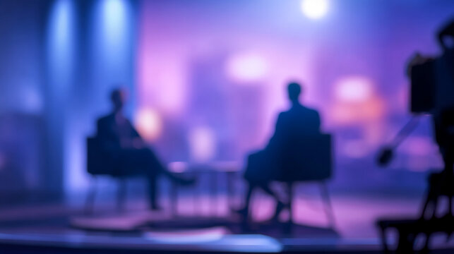 Two people sitting on a stage with a cityscape in the background during an interview or discussion at night with a blurred effect