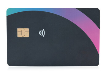 Blank bank card with contactless payment chip, isolated on transparent background with natural reflection and shadows . Perfect template for design, branding, finance concepts