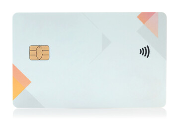 Blank bank card with contactless payment chip, isolated on transparent backgroundwith natural reflection and shadows. Perfect template for design, branding, finance concepts