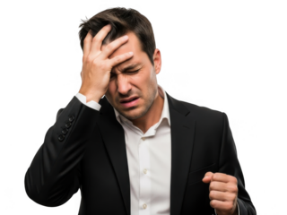 Man in black suit, white shirt, holding his forehead in distress, grimacing, isolated on white background. isolated on transparent background