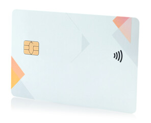 Blank bank card with contactless payment chip, isolated on transparent backgroundwith natural reflection and shadows. Perfect template for design, branding, finance concepts