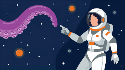 Astronaut pointing at a mysterious giant octopus tentacle in deep space © StockStudio