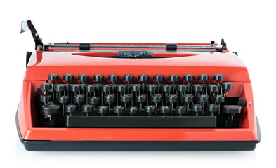Red vintage typewriter isolated on transparent background with natural reflection and shadows. Retro office machine perfect for writing concepts, literature themes, creative desig
