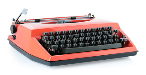 Red vintage typewriter isolated on transparent background with natural reflection and shadows. Retro office machine perfect for writing concepts, literature themes, creative desig