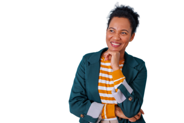 Happy african american woman smiling and looking away, contemplating new business opportunities, transparent background