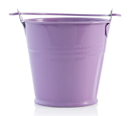 Small metal lavender bucket isolated on transparent background with natural reflection and shadows. Cute decorative container perfect for gardening, home decor, crafts, and design projects