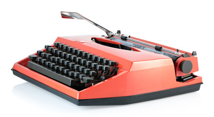 Red vintage typewriter isolated on transparent background with natural reflection and shadows. Retro office machine perfect for writing concepts, literature themes, creative desig