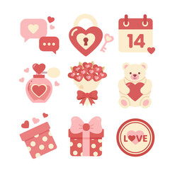 Cute Valentine&rsquo;s Day Love Icons Set | Hearts, Gifts, Teddy Bear, Romantic Flat Symbols