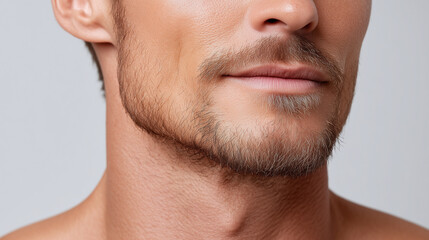 Obraz premium Close up of male lower face with light beard and smooth skin under soft white lighting, showing natural texture and subtle facial hair detail in calm expression