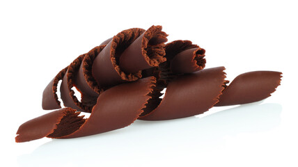 Chocolate Curls with hard texture surface, isolated on transparent background with natural reflection and shadows. Ideal for food and culinary design projects