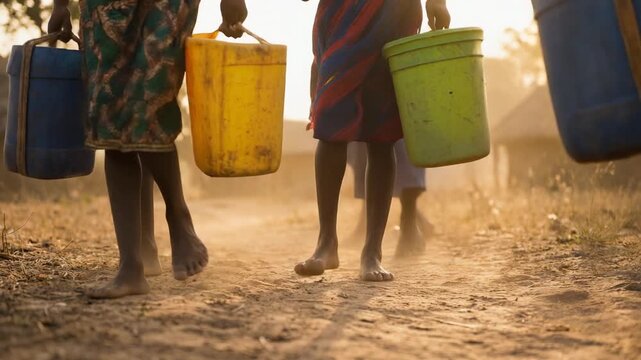 Children carrying water containers on a dusty path in rural setting during golden hour