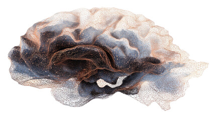 futuristic digital human brain made of glowing wire mesh neural network abstract science illustration on white background