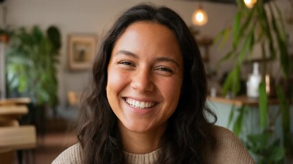 Smiling woman in a cozy cafe surrounded by indoor plants, perfect for lifestyle and relaxation themes