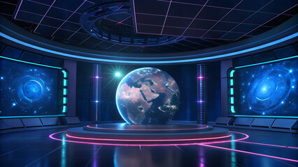 Futuristic Broadcast Studio with Holographic Globe