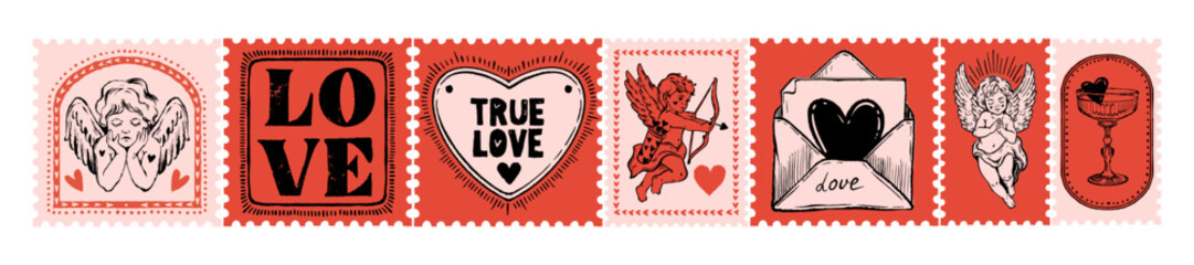 Romantic love stamps, Valentine day postal print set, cupid mail doodle hand drawn illustration. February angel postcard design elements, cute scrapbook postage sticker amore sign. Love stamps graphic