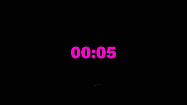 Digital Countdown Timer 00:05 Neon Glow on Black Background.