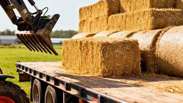 Medium shot of farm telehandler loading hay bales onto trailer emphasizing costeffective rental solutions for agricultural material transport