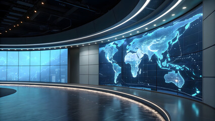 Futuristic News Studio with World Map Backdrop in Blue