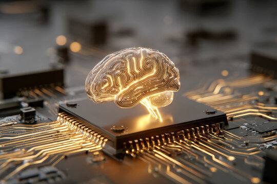 Glowing digital brain circuit symbolizing artificial intelligence and advanced computing on a futuristic microchip with illuminated pathways and connections - Powered by Adobe