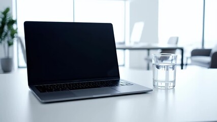 Modern workspace with laptop and glass of water on a white desk showcasing a minimalist office environment ideal for remote work freelancing or creative projects