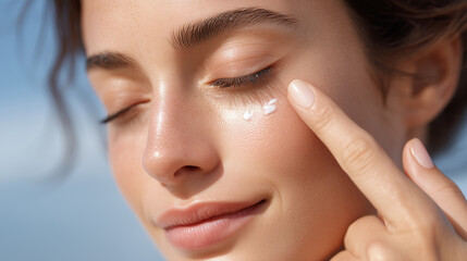 Close up female glowing skin eyes closed applying brightening cream on cheek with finger, natural beauty skincare routine for healthy radiant face and smooth complexion