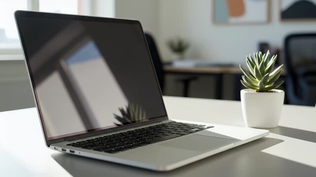Modern workspace with laptop and succulent plant on a white desk showcasing a clean minimalist aesthetic perfect for remote work freelancing or creative projects