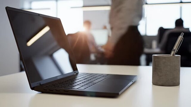 Modern workspace with laptop and pen on desk blurred office background showcasing a collaborative team working in a bright contemporary environment