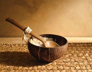 Traditional Coconut Ladle Still Life with Warm Artistic Style