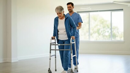 A middle-aged male caregiver assists an elderly Caucasian female patient using a walker in a bright rehabilitation room, showcasing compassion and support in assisted living.