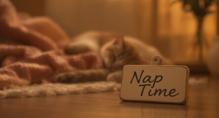 Relaxed Cat Sleeping on Soft Blanket Near Wooden Nap Time Sign in Cozy Warm Room
