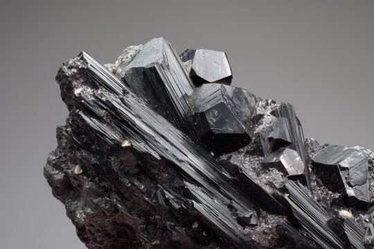 Monoclinic crystal shard of hubnerite: deep black mineral with metallic luster and fine surface striations